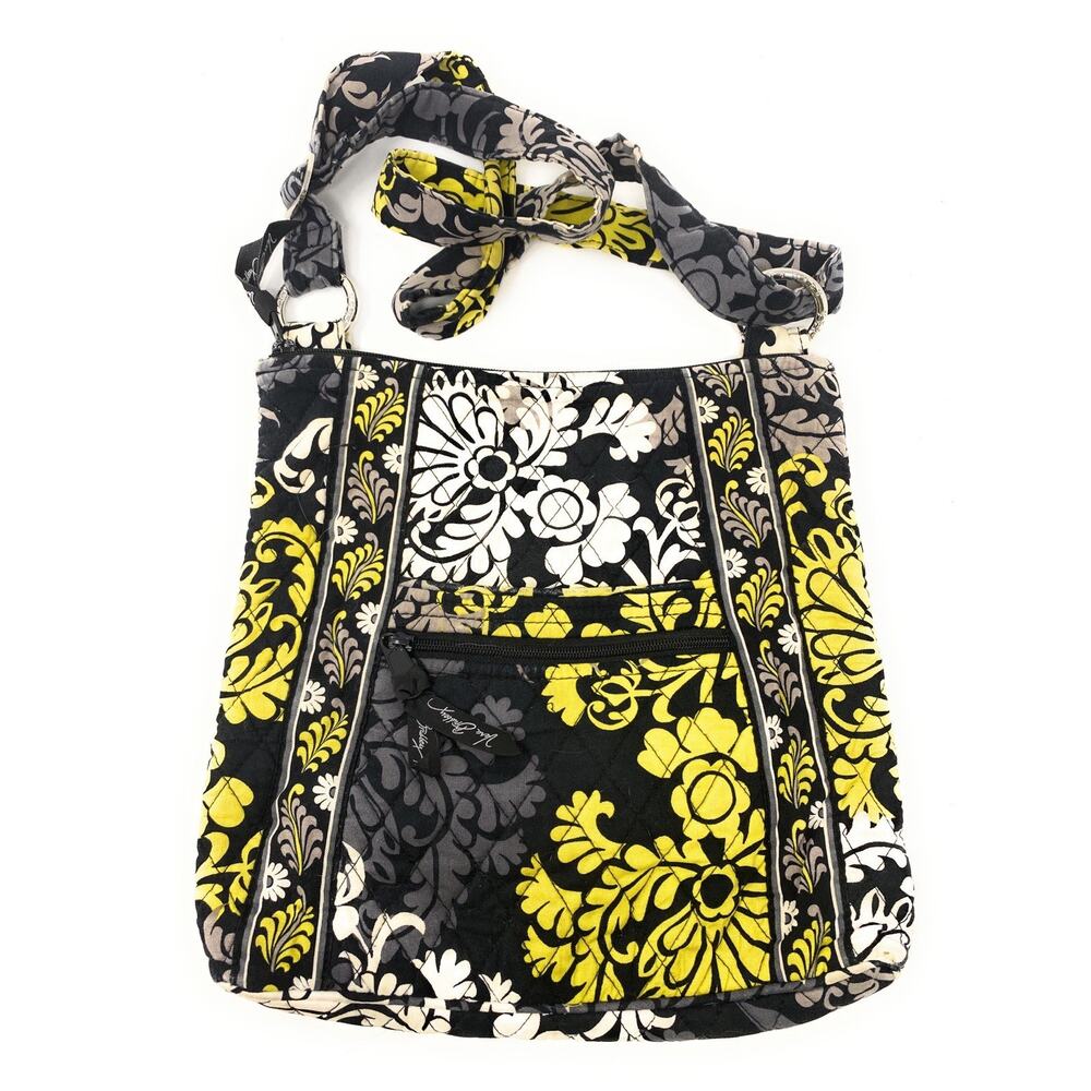 Vera Bradley Baroque Saddle Up Bag Purse Crossbody Black Yellow Floral